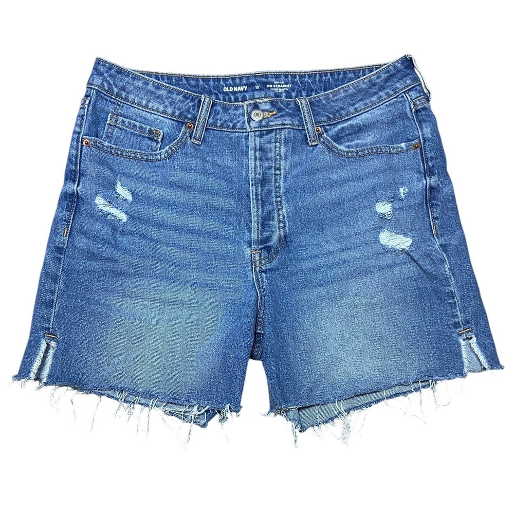 Old Navy OG Straight High Rise Button Fly Distressed Denim Shorts Preppy Blue 12 - Picture 2 of 9